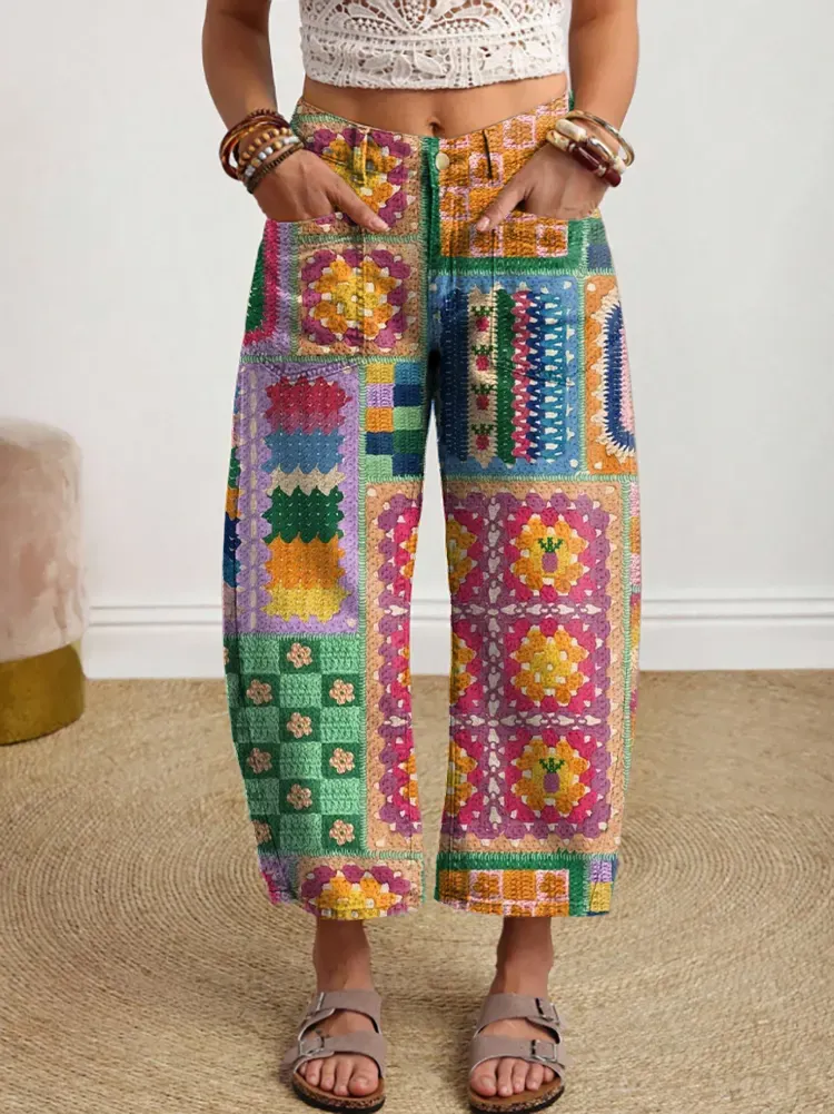 Women's Vintage Colorful Textured Patchwork Art Print Denim Jeans