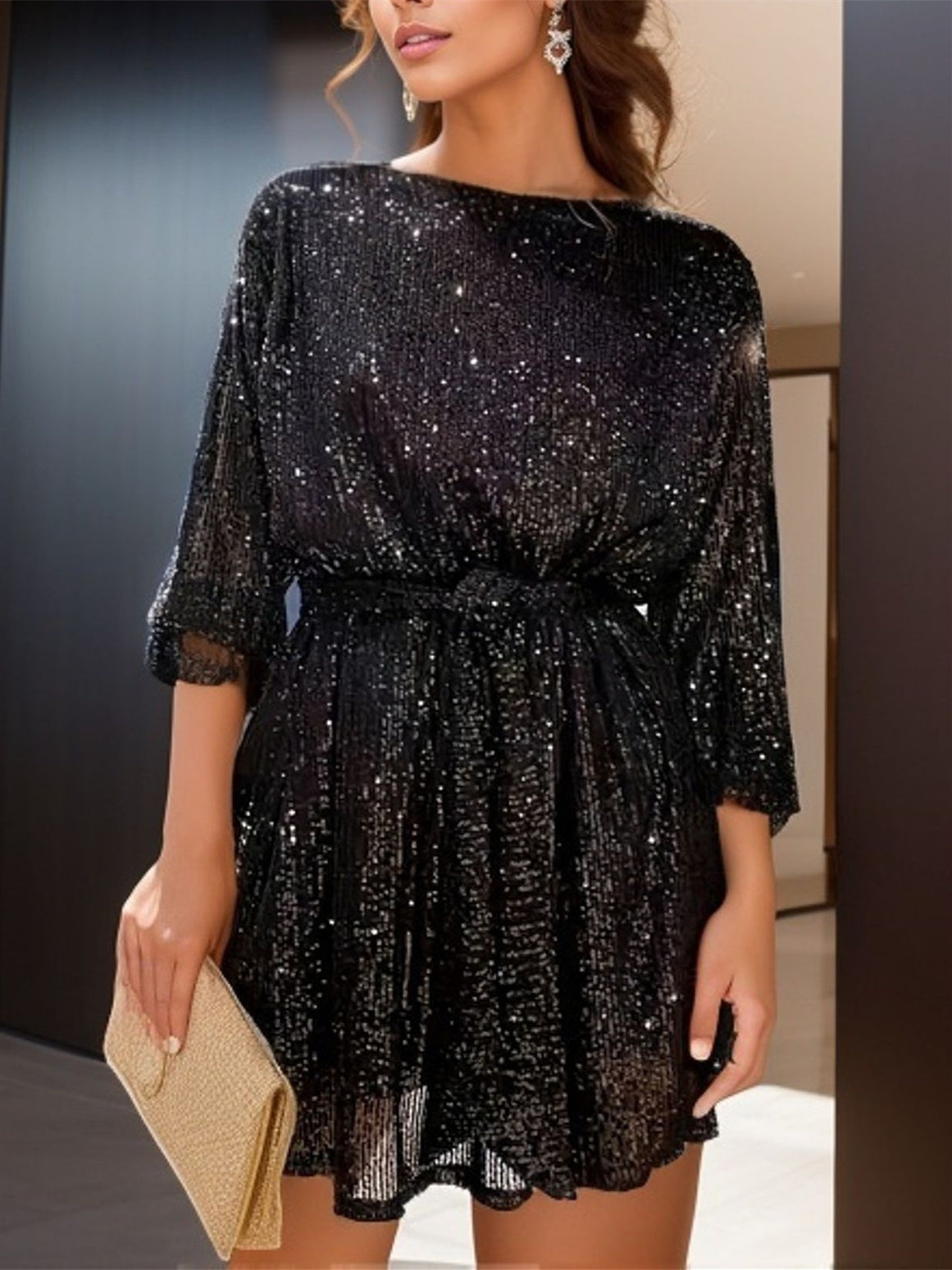 Women's 3/4 Sleeve Scoop Neck Sequins Mini Dress