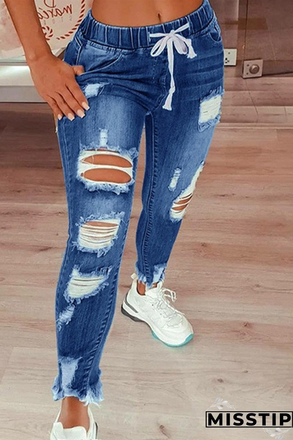 Dark Blue Fashion Casual Solid Ripped Mid Waist Regular Jeans