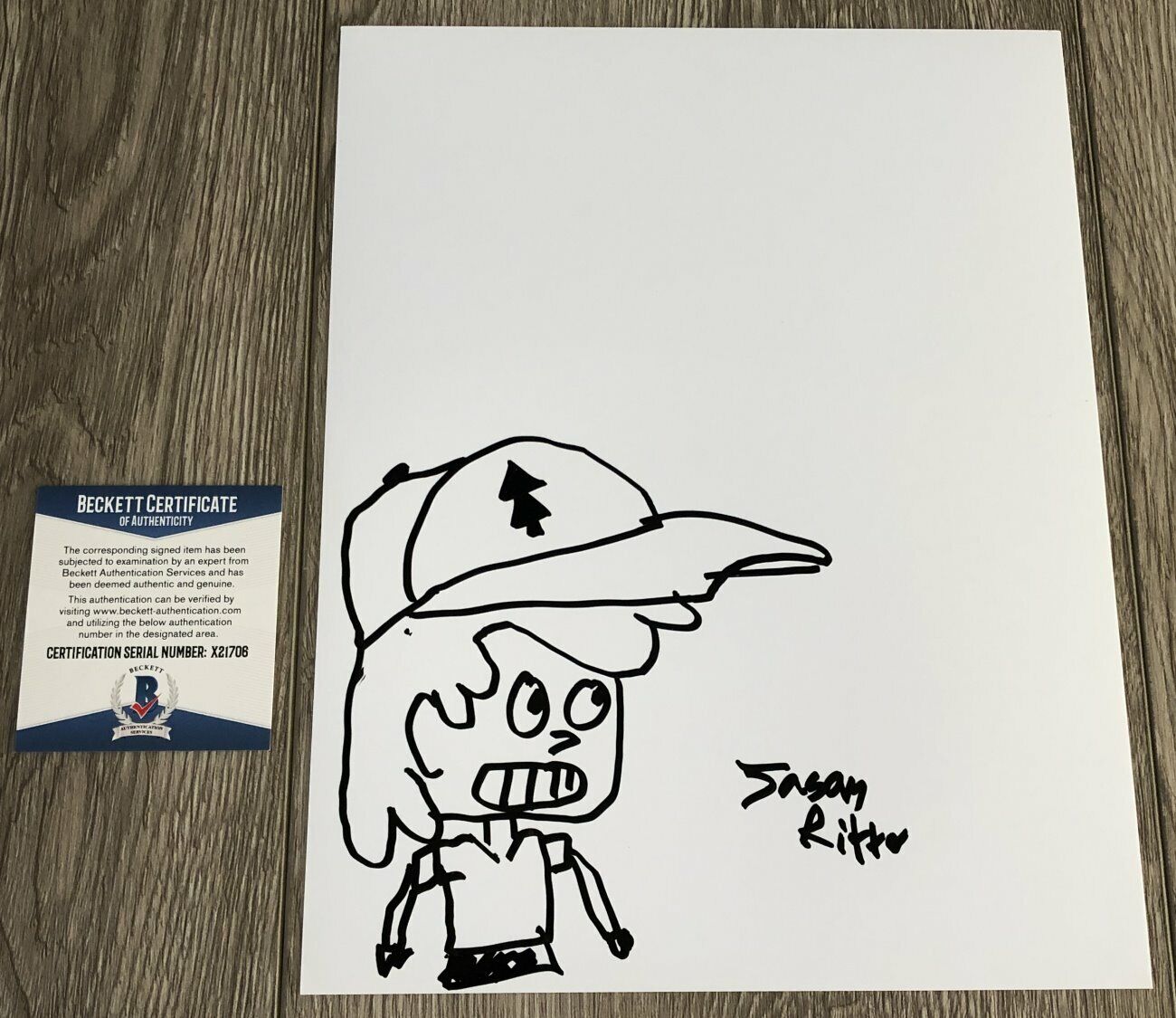 JASON RITTER SIGNED GRAVITY FALLS DIPPER PINES DRAWING w/EXACT PROOF BECKETT COA