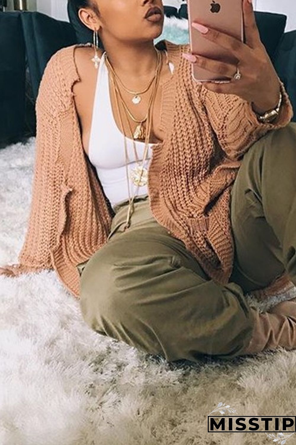khaki Fashion long sleeve sweater cardigan