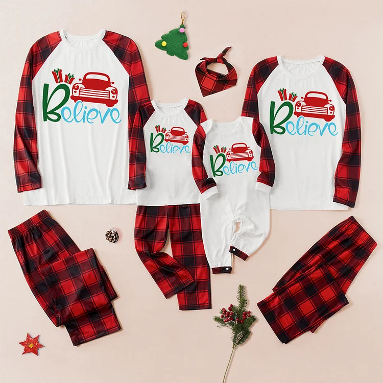 'Believe' Christmas Car Cartoon Print Red Plaid Family Matching Pajamas Set