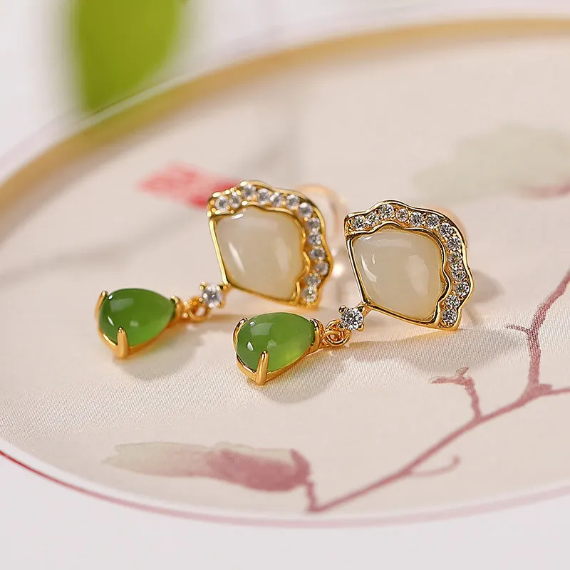 White Jade Cyan Jade Fan Water Drop Pattern Luck Drop Earrings