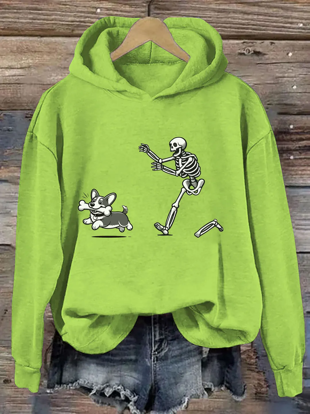Funny Skeleton Chasing Corgi Hoodie