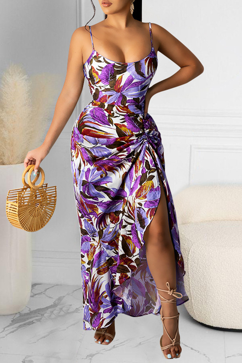 Purple Sexy Print Patchwork Spaghetti Strap Waist Skirt Dresses | EGEMISS