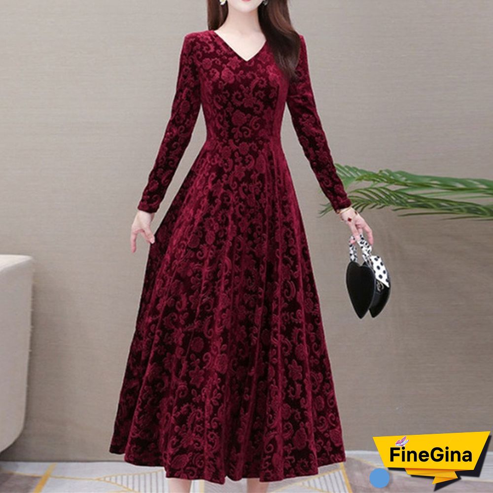 FineGina Autumn Winter Dress Women Elegant Casual Long Sleeve Ball Gown ...