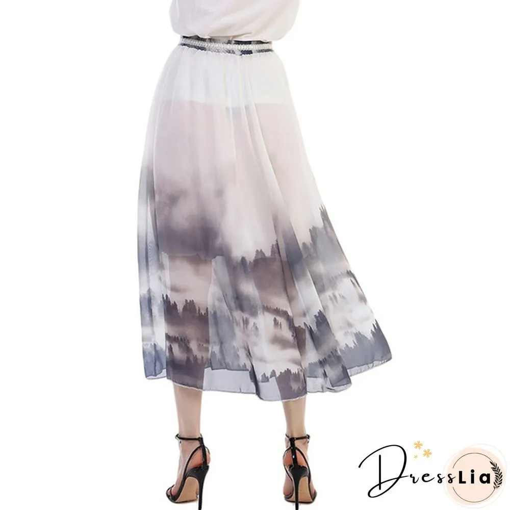 Summer Bohemian Long Skirt Chiffon Elegant Print Casual Skirts