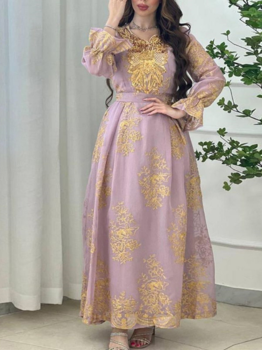 Long Sleeve Flare Cuff Embroidery Evening Gown