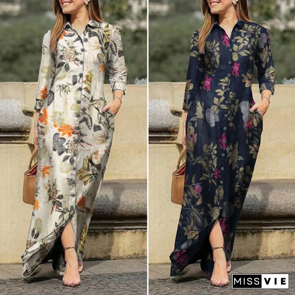 Women Holiday Casual Lapel Collar Long Sleeve Robes Longue Floral Print Cotton Dresses Button Up Shirts Long Maxi Vestido Plus Size