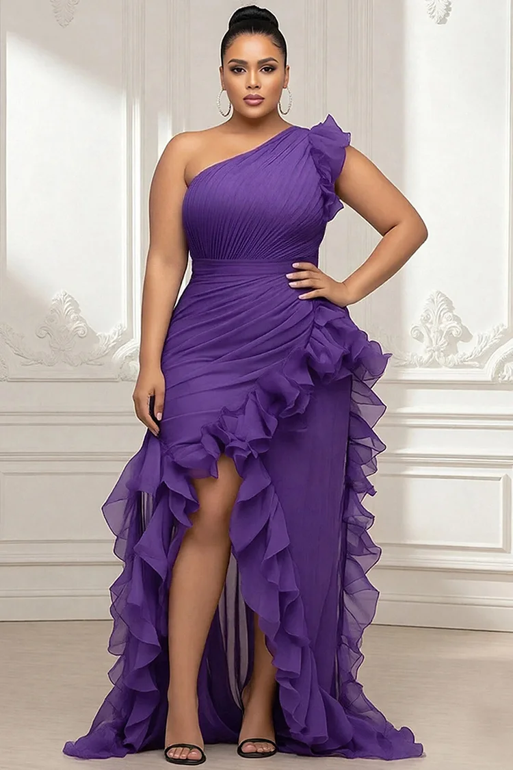 Xpluswear Design Plus Size Formal Purple Oblique Collar One Shoulder Ruffle Split Chiffon Maxi Dresses [Pre-Order] 2024 - Xpluswear