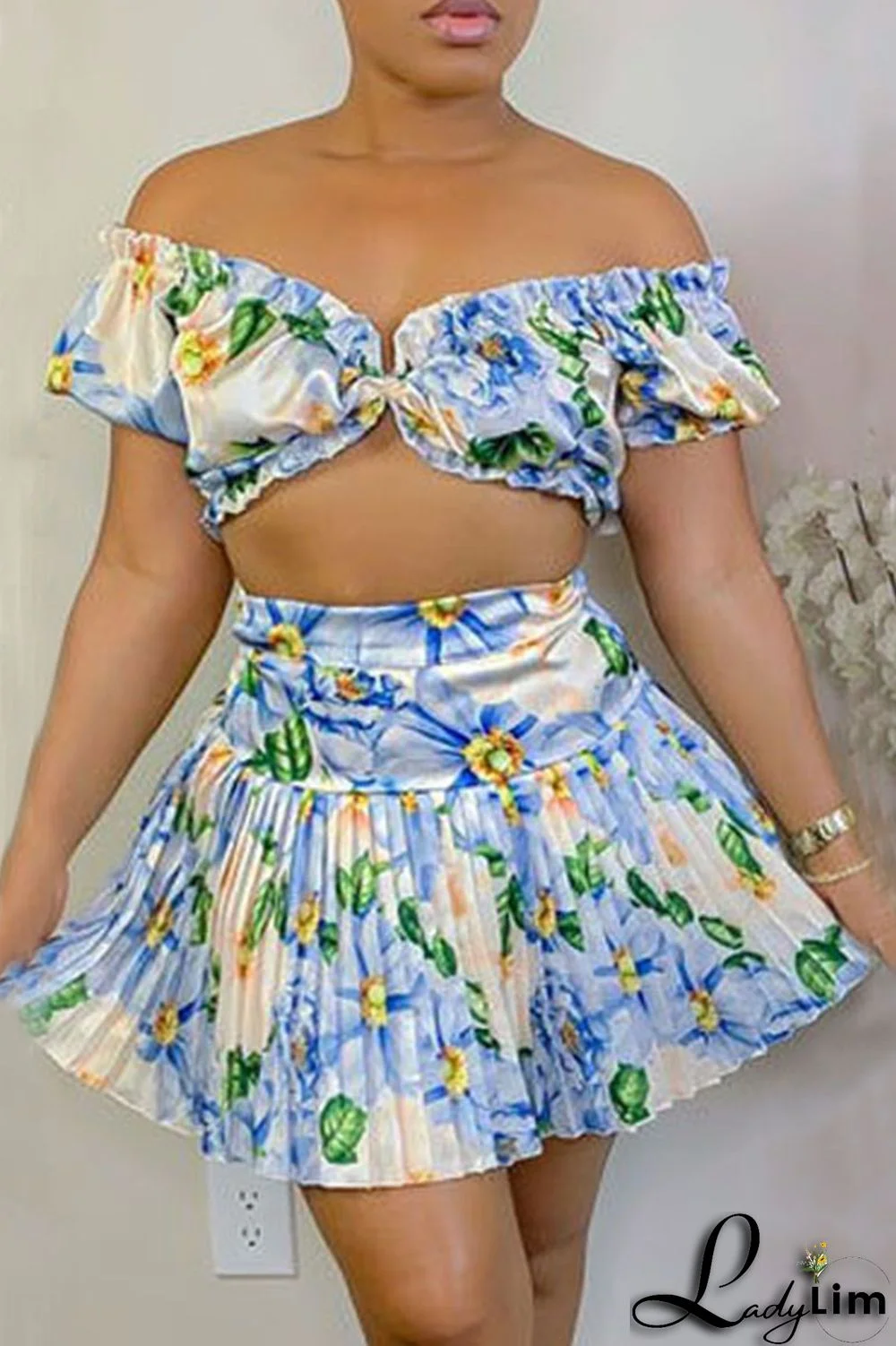 Blue Sexy Print Patchwork Off the Shoulder Short Sleeve Two Pieces