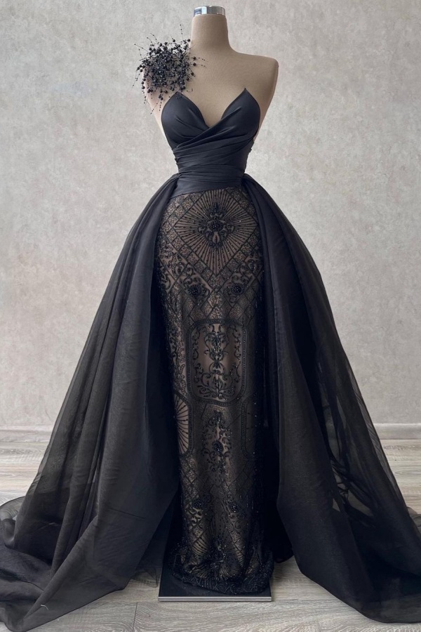 Luxury Black One-Shoulder Lace Gown With Floral Accent And Flowing Train | ZT0169