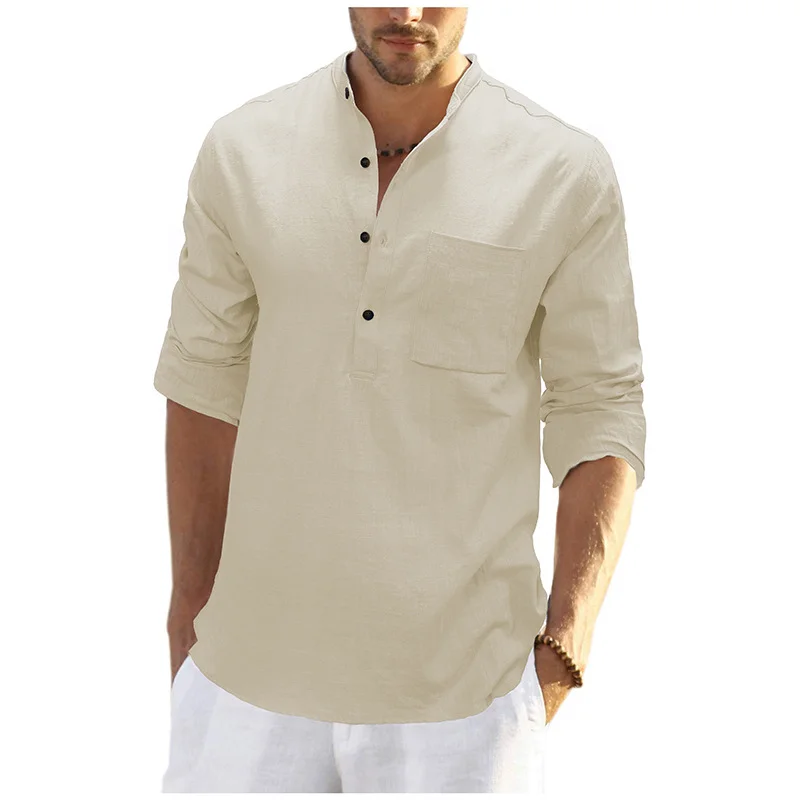 Men's Linen Shirt Long Sleeve Henley Collar Shirt Loose Solid Color Tough Men Style Linen Shirt