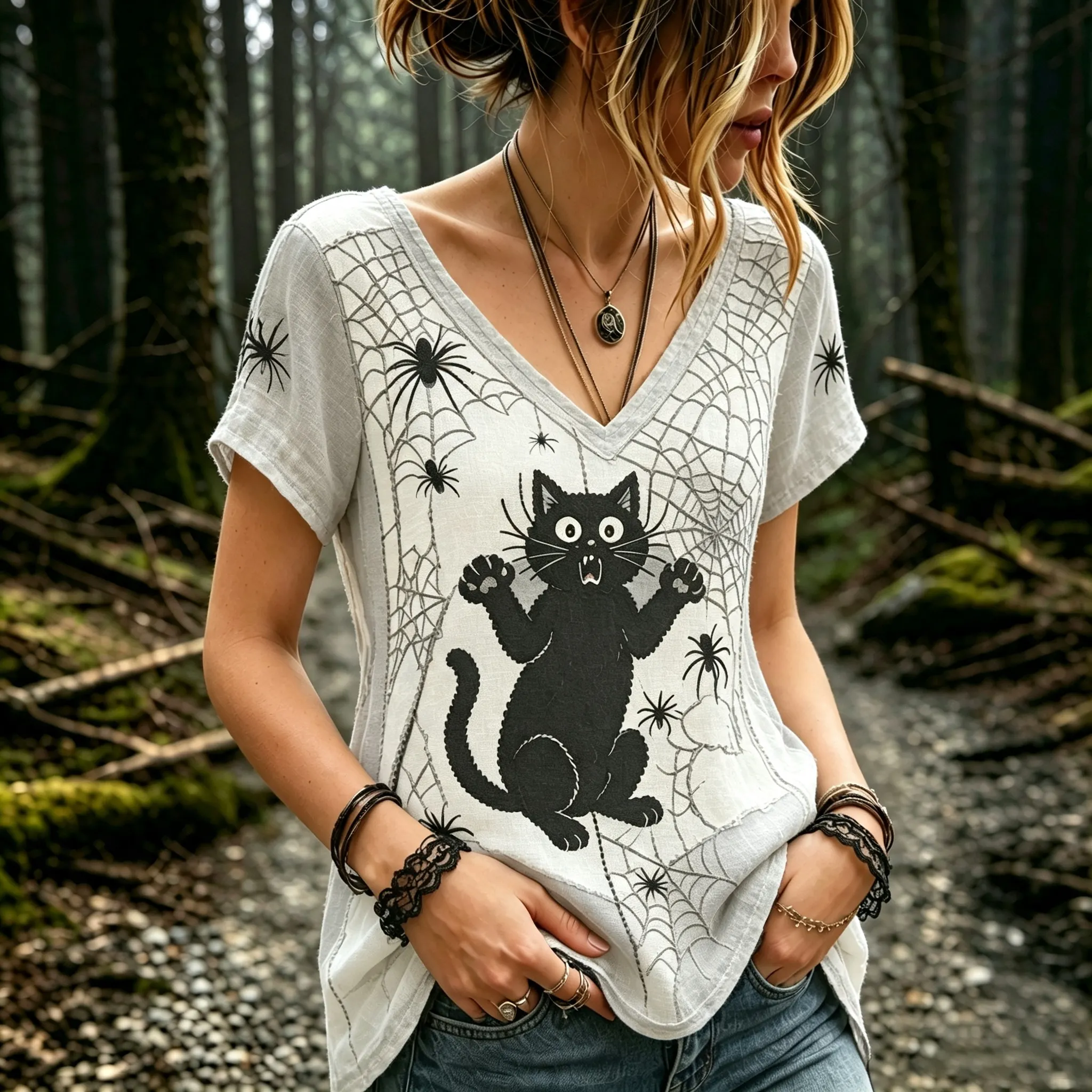 Women's Vintage Shock Spider Black Cat Patchwork Art Short Sleeve T-shirt artswardrobe