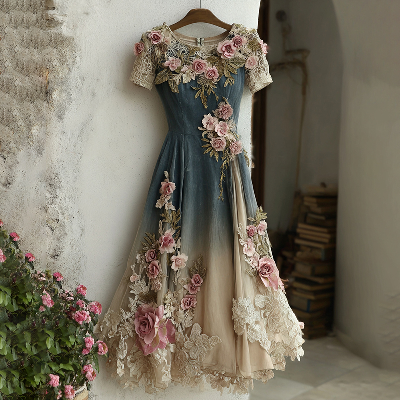 Women's Retro Pink Rose Embroidered Gradient Art Round Neck Short Sleeve Maxi Dress wearshes