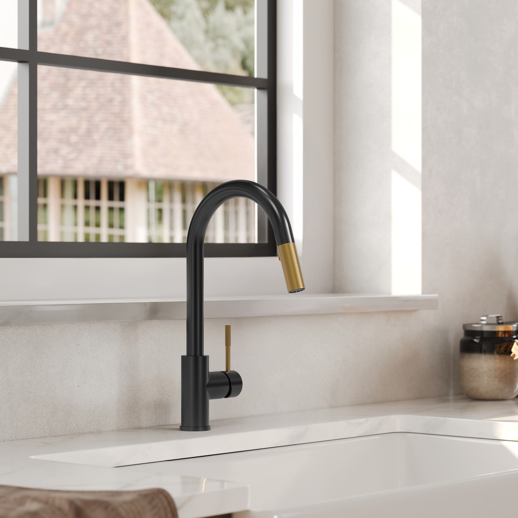 GRANDJOY Pull Down Kitchen Faucet with Single-Handle, 304 Stainless Steel Spout, Brass Sprayer, Matte Black+Brushed Gold