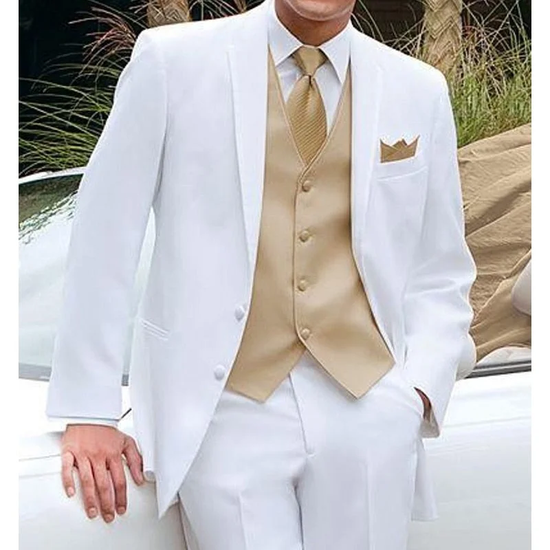 Inongge White Groom Tuxedos for Wedding 3 piece Custom Boyfriend Men Suits Set Jacket Gold Vest with Pants Man Fashion Clothes