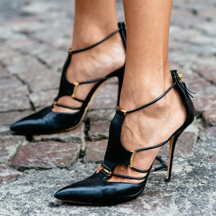FSJ Black T-Strap Heels Pointed Toe Zipper Stiletto Shoes for Women |FSJ Shoes
