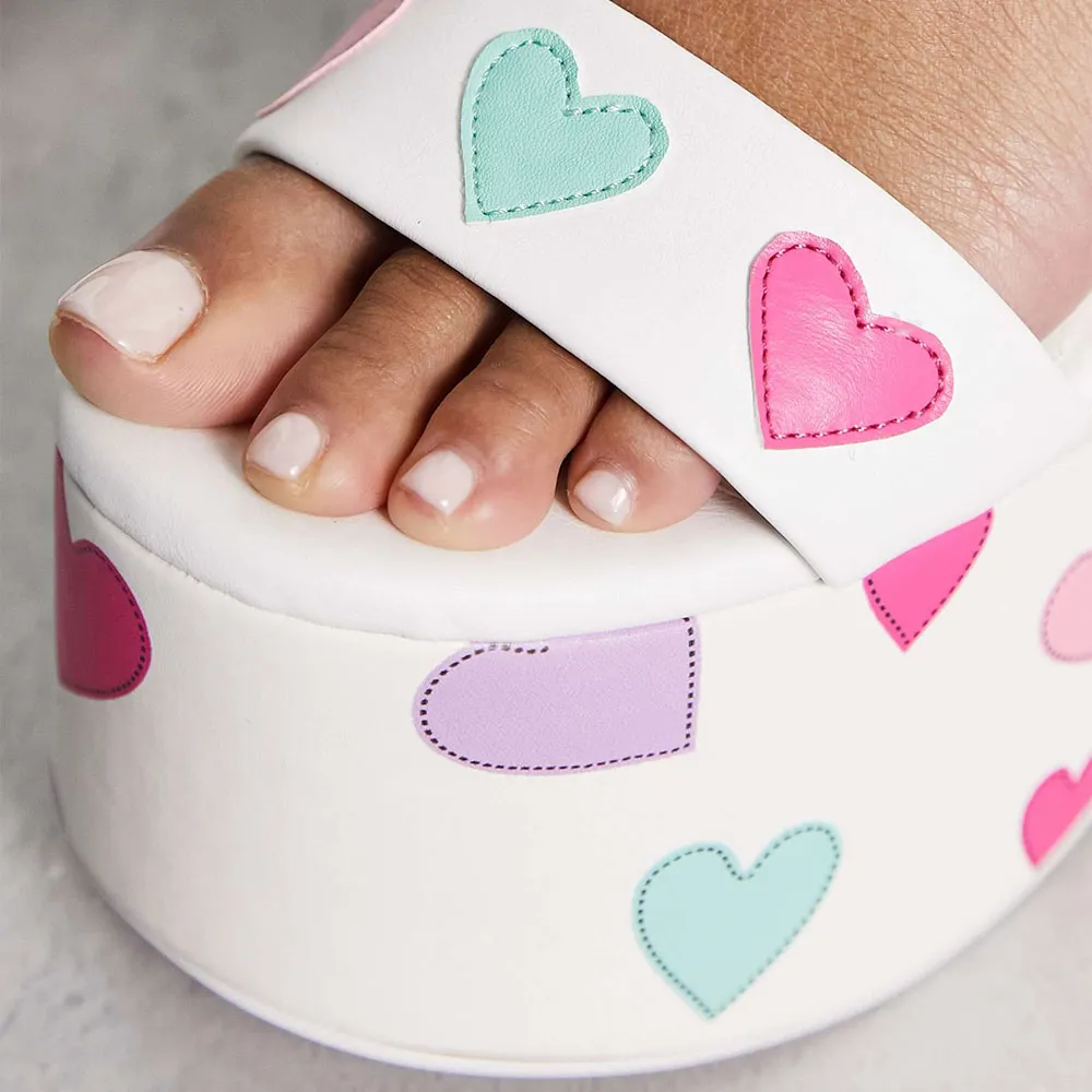 White Open Round Toe Heart Patterns Block Heel Platform Sandals