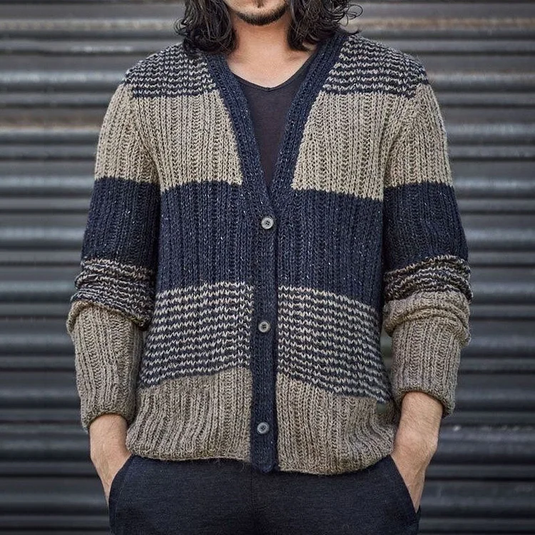 Utbros Men's Retro V-Neck Contrast Button Sweater Cardigan