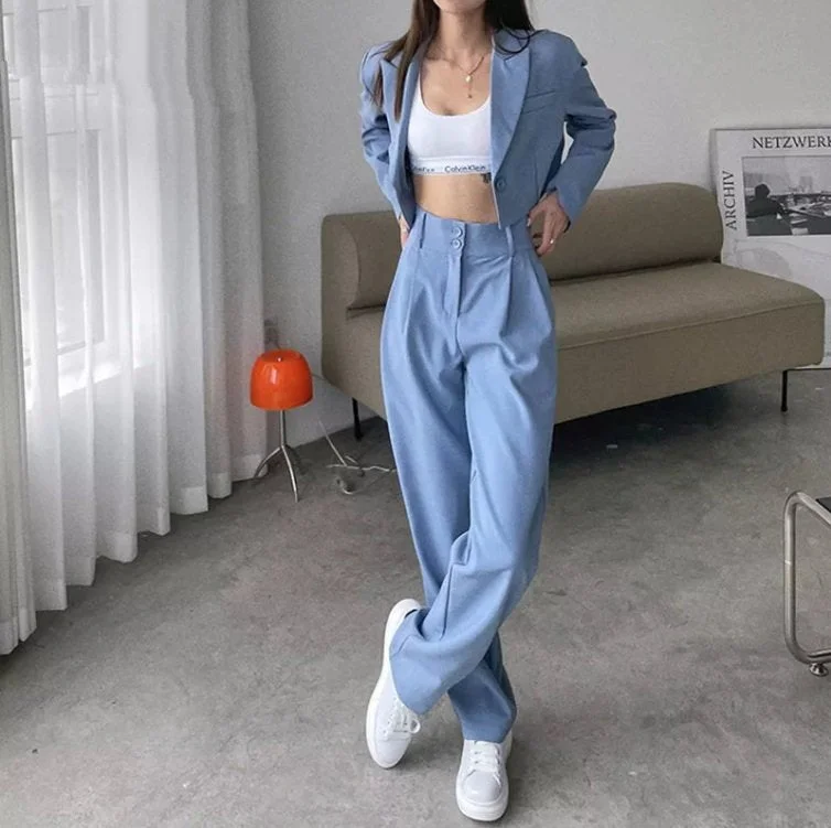 Msfancy Pant Suits Women 2022 Fashion Single Button Crop Blazer High Waist Wide Leg Trousers Fall Mujer 2 Piece Set Outfits 412-1