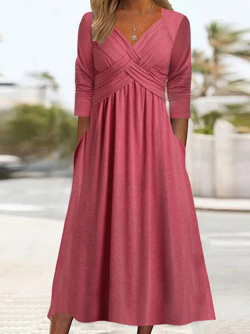 Women's Long Sleeve V-neck Cross Design Midi Dress