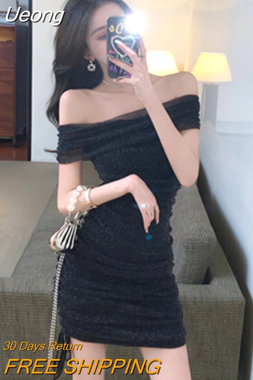 Ueong Dresses For Women 2023 Sexy Slash Neck Off-Shoulder Folds Mesh Mini Club Glitter Evening Runway Female Dress Vestidos