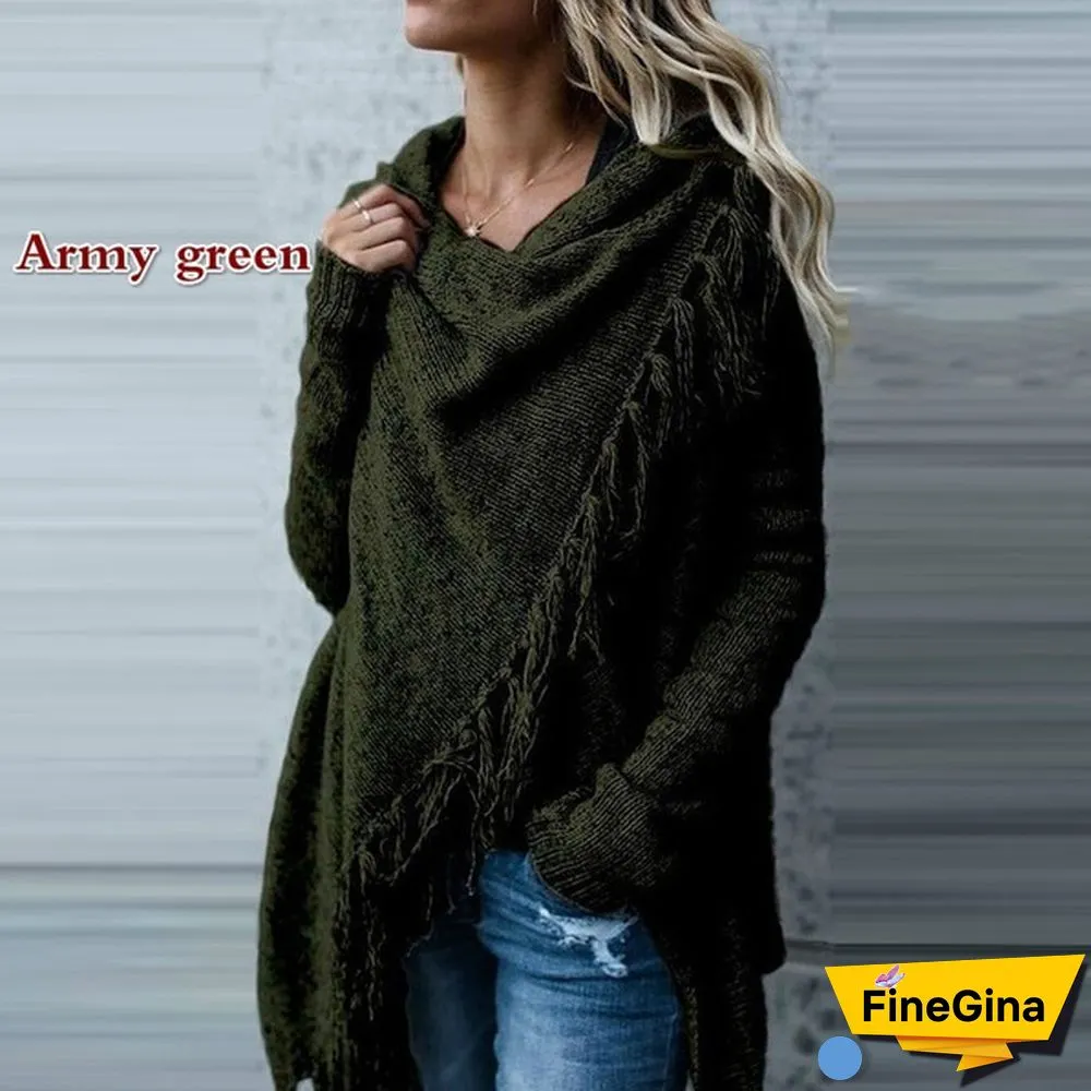 Fashion Women's Speckled Shawl Fringe Cardigan Knited Tassels Slash Sweater Coat Outwear