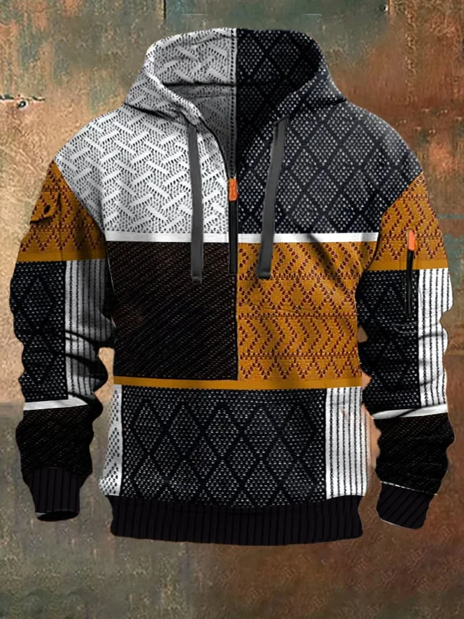Men's Retro Western Colorblock Textured Print Multi-Pocket Jacket