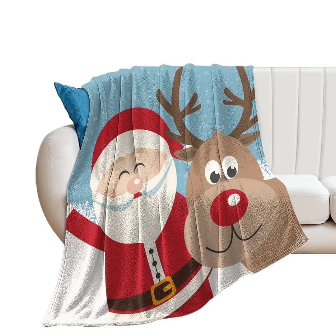 Personalized Santa and Reindeer Blue Blanket