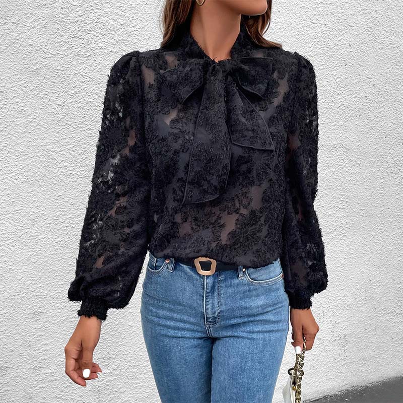 Embroidered Black Hollow Out Long Sleeve Blouses
