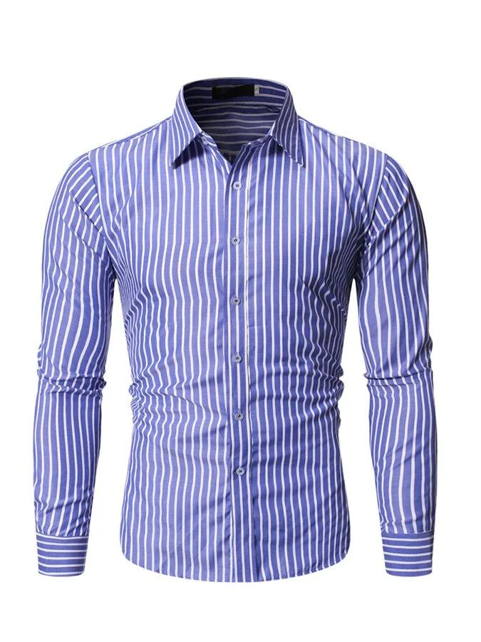 Mens Lapel Collar Casual Striped Long Sleeve Shirt