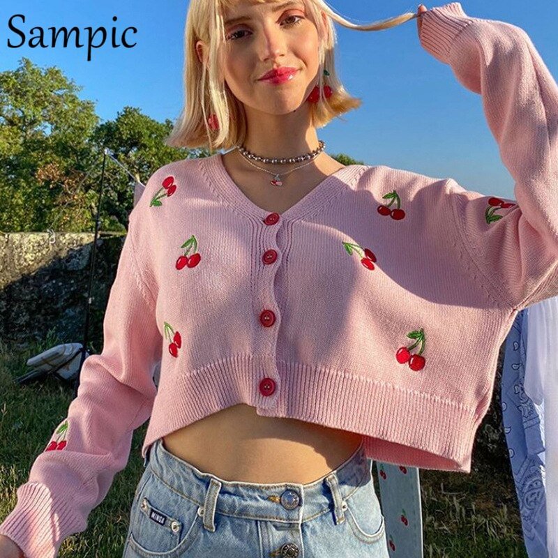 Sampic Fashion Women V Neck Knitted Embroidery Pullovers Sweater Tops Sexy Casual Cute White Pink Cropped Sweater Jumper Winter