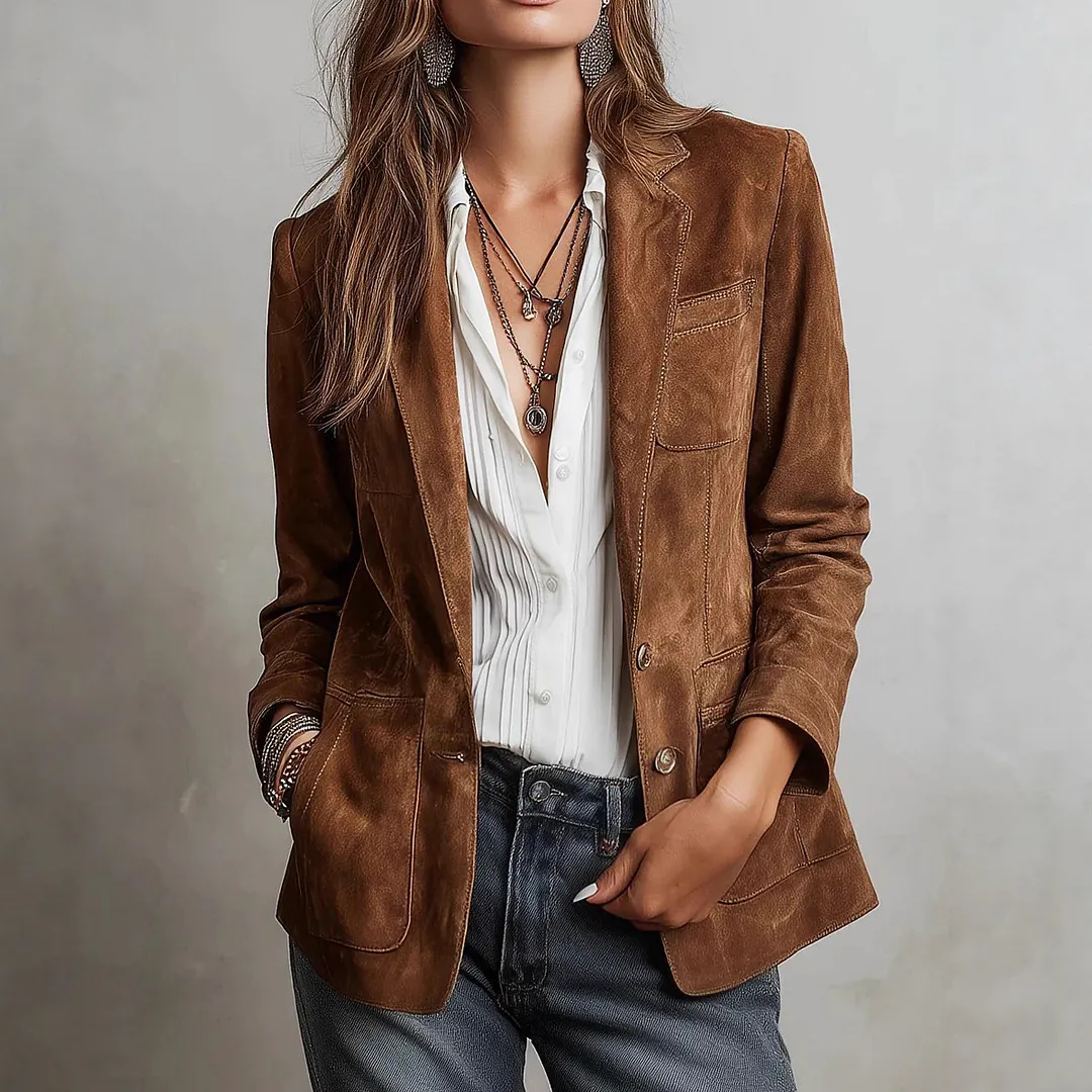 Women's Suede Blazer Jacket Vintage Casual Button Down Coat with Pockets