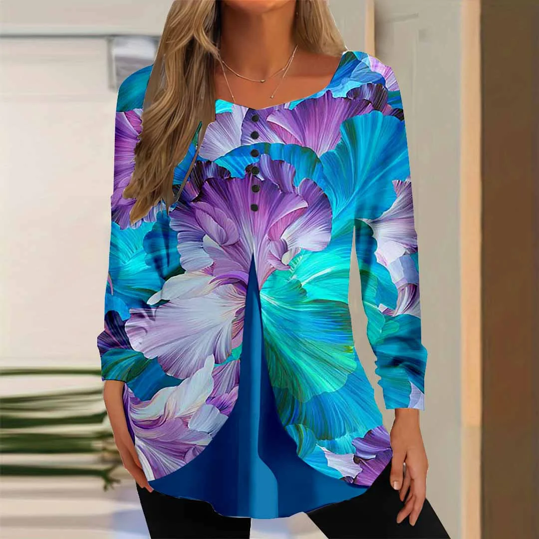 Women Graphic,Blue DZGG8385 Long Sleeve Scoop Neck Printed Graphic Button Fake 2in1 Tops