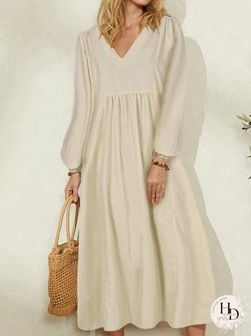 Dresses Loose V-Neck Lantern Long Sleeve Dress for Women