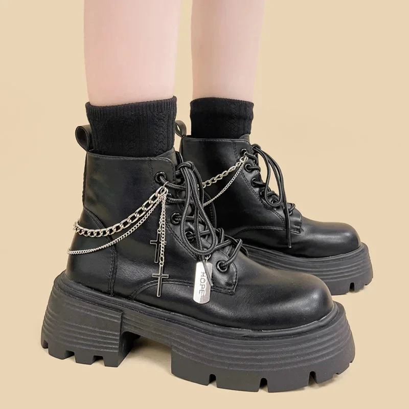 Brownm Chain with Cross Combat Boots