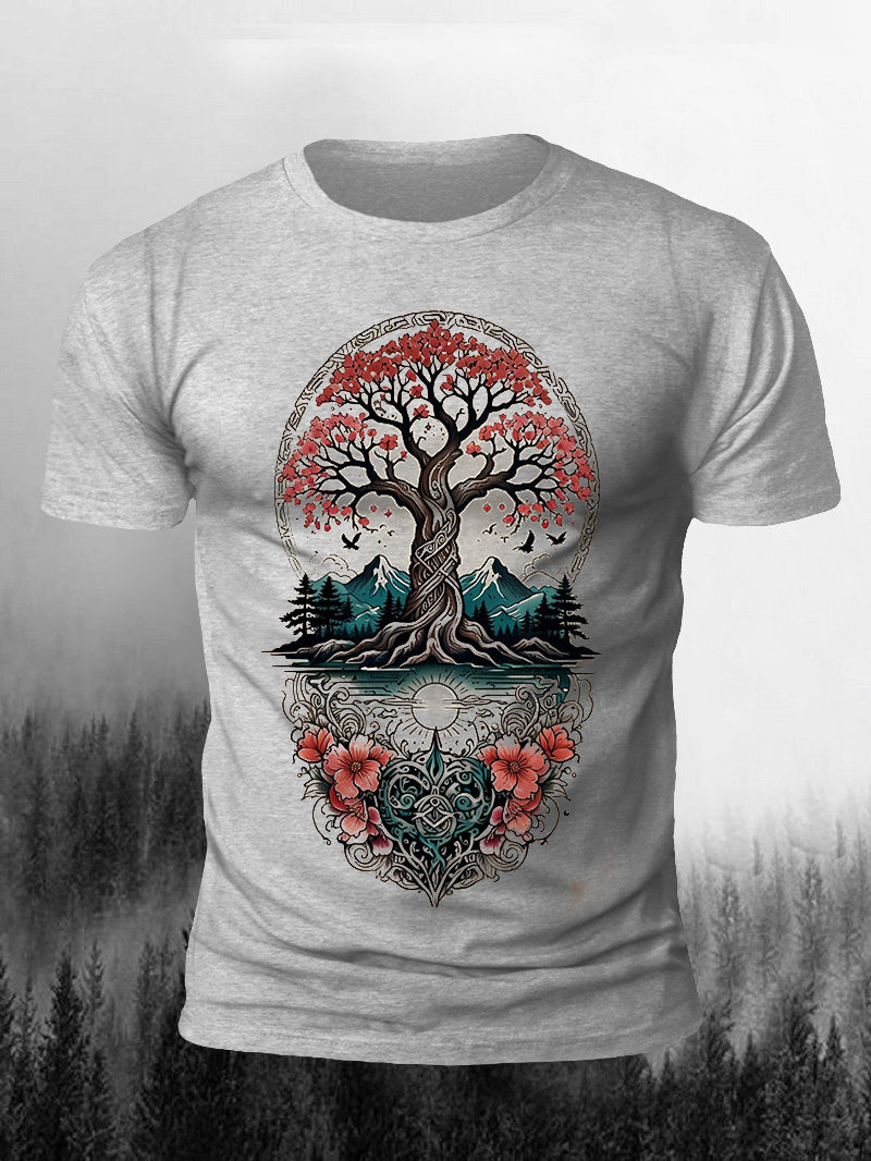 Men's Riverside Red Flower Tree Reflection Print Casual Short Sleeve T-shirt