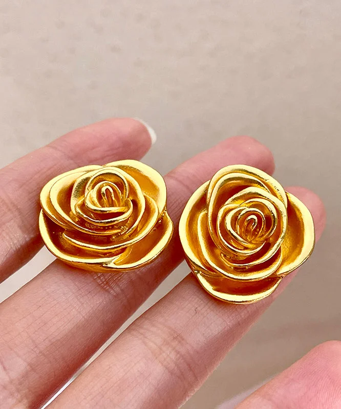 Vintage Gold Metal Rose Stud Earrings