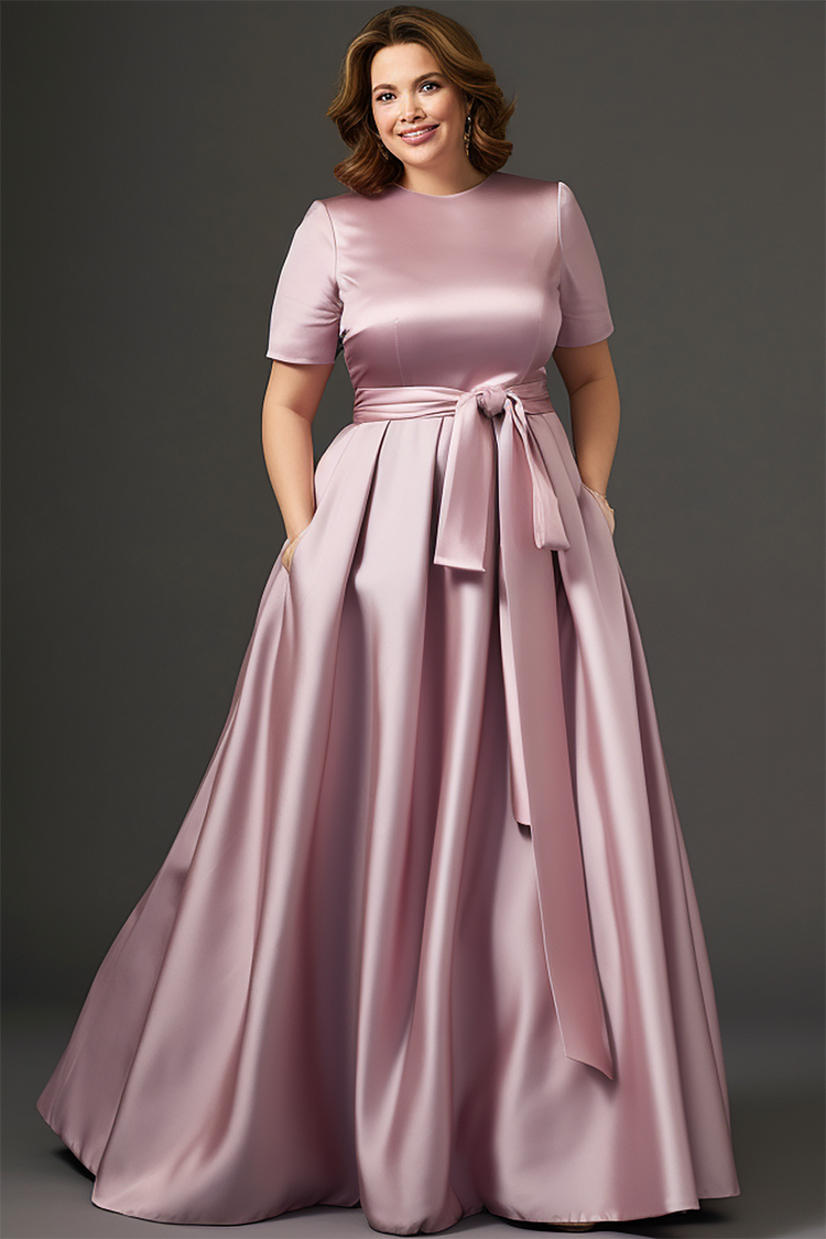 Xpluswear Design Plus Size Mother Of The Bride Pink Round Neck Short Sleeve Pocket Satin Maxi Dresses