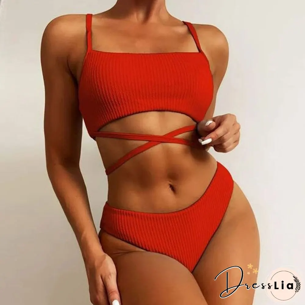 Sexy Bandage Cross Tie-up High Waist Swimwear Women Solid Rib Spaghetti Straps Bikini Set