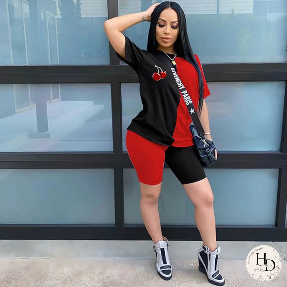New Fashion Women Solid Sporting Casual Two Piece Set Short Sleeve Tee Top Biker Shorts