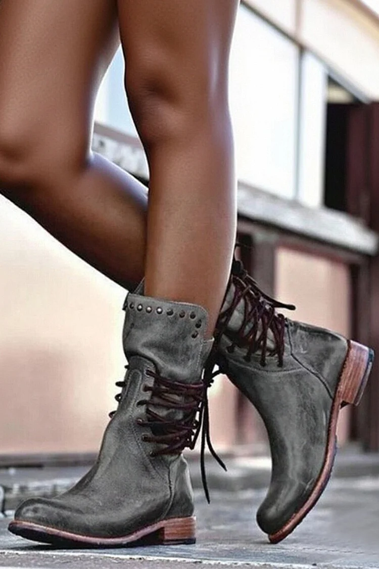 Vintage Solid Color Western Style Rivet Lace-Up Boots 2024 - Xpluswear