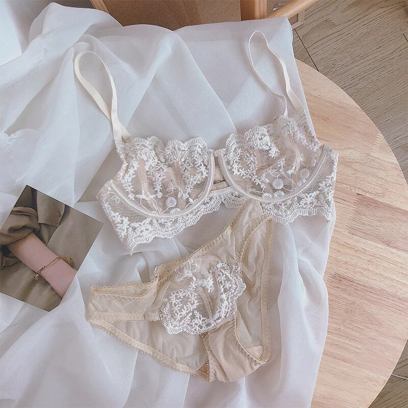 Sexy lace ultra-thin underwear set embroidery hollow big breasts lingerie underwire push up bra set ABCD cup plus size bralette