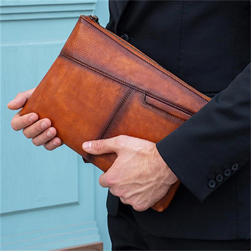 Simple Leather Casual Solid Color Zipper Design Business Clutch
