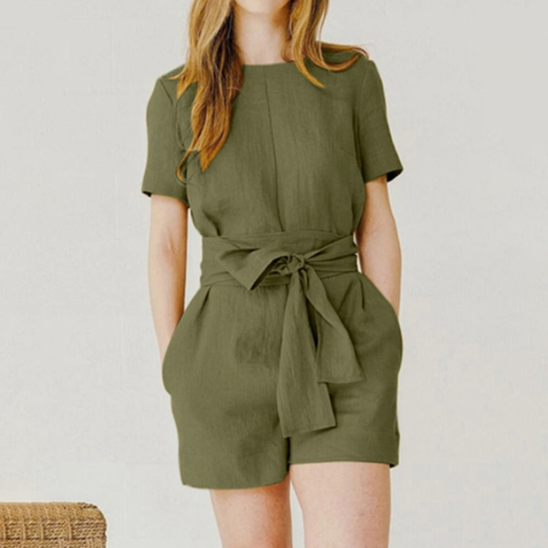 Solid Color Round Neck Pocket Casual Jumpsuit