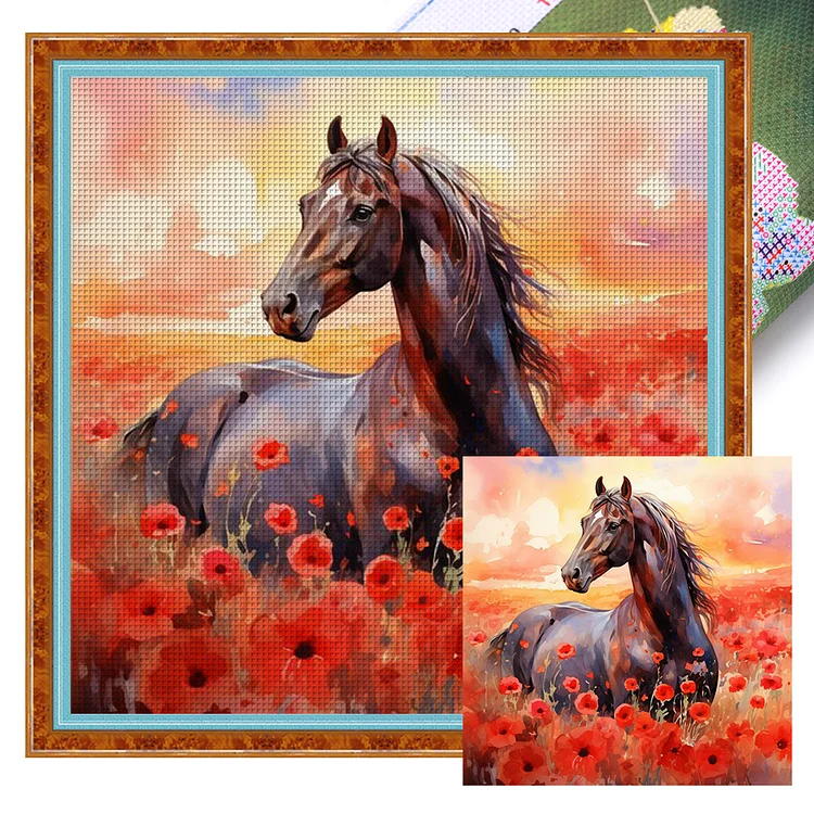 Poppies And Horses (40*40cm) 11CT Stamped Cross Stitch gbfke