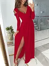 Fashion Solid Color Pleated Split-Side Long Sleeves V-Neck Maxi Dress