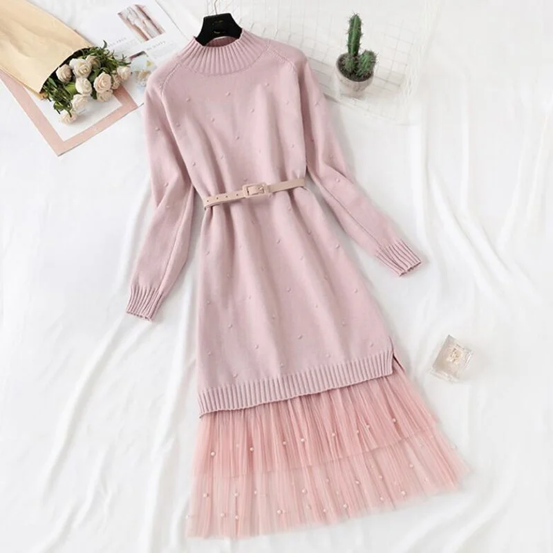 Elegant O-neck women knitted dress suits Autumn winter Long sleeve With belt Sweater tops + sweet Mesh skirt 2 pieces set women