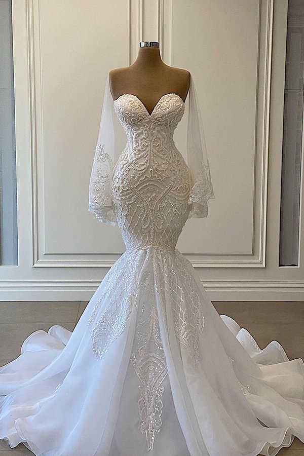 Gorgeous Strapless Lace Sweetheart Mermaid Wedding Dress With Pearls Beadings | Ballbellas Ballbellas